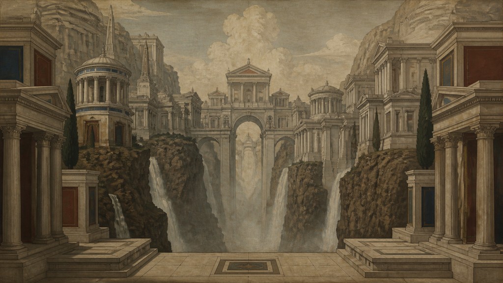 a cliffside city with waterfalls cascading into a misty canyon, wide establishing shot, no people, no text — Neoclassicism Art Style concept art
