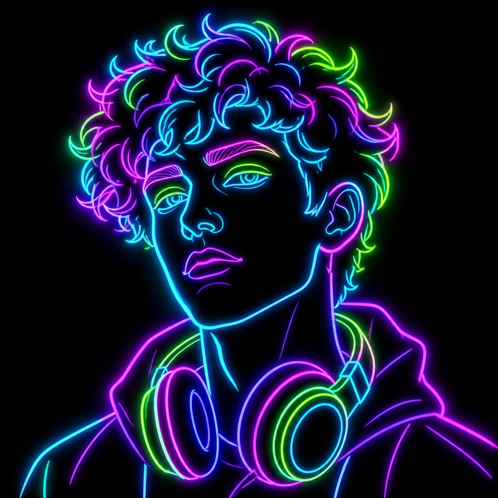 head-and-shoulders portrait of an original character: a young man with curly dark hair and headphones around his neck, plain backdrop, no text — Neon Outline Style Discord profile picture