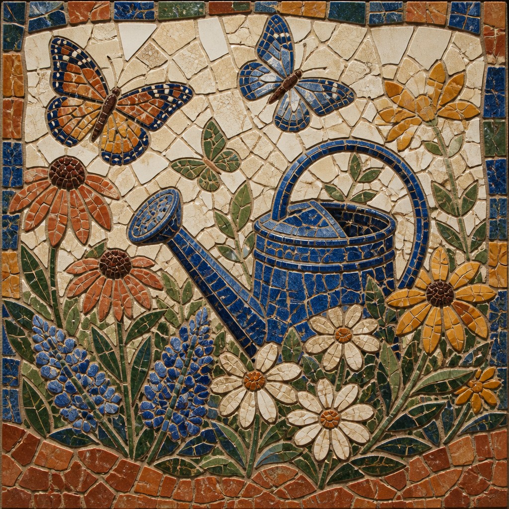 a garden scene with butterflies, flowers and a watering can, clean uncolored line art, no text — Ceramic Mosaic Art Style coloring page