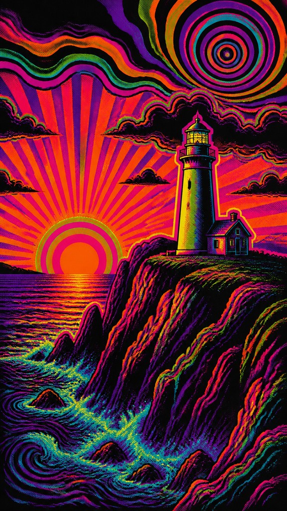 a lone lighthouse on a cliff at dusk under a dramatic sky, no text or lettering — Psychedelic Poster Design poster