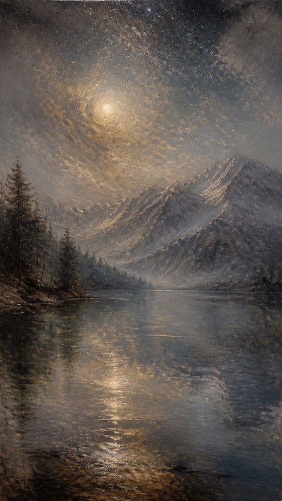 a tranquil mountain lake beneath a starry night sky, no people, no text — Atmospheric Impressionism Art Style phone wallpaper
