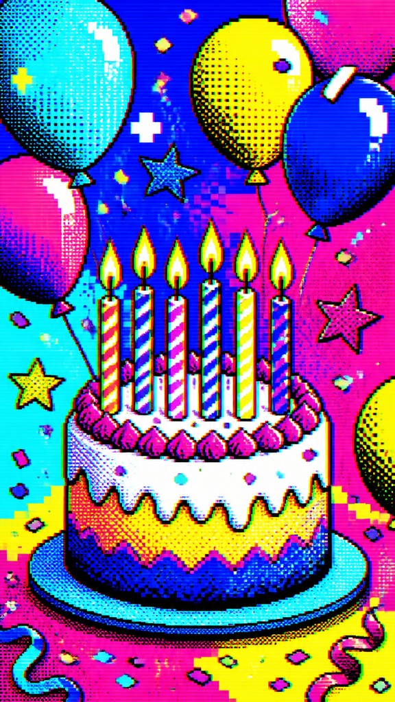 a birthday cake with lit candles surrounded by balloons and confetti, festive vertical composition, no text — Digital Pop Art Style birthday card