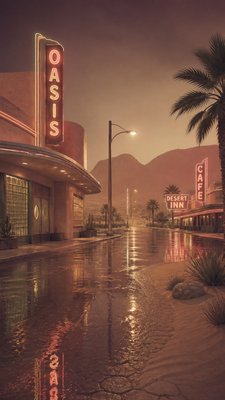 a quiet rainy city street at night reflecting neon signs, no people — Desertwave Aesthetic wallpaper