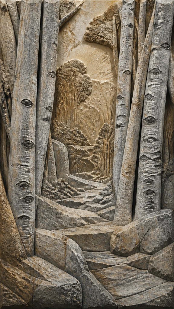 a serene birch forest in soft morning light, no people, no text — Stone Carving Sculpture Art Style wall art print