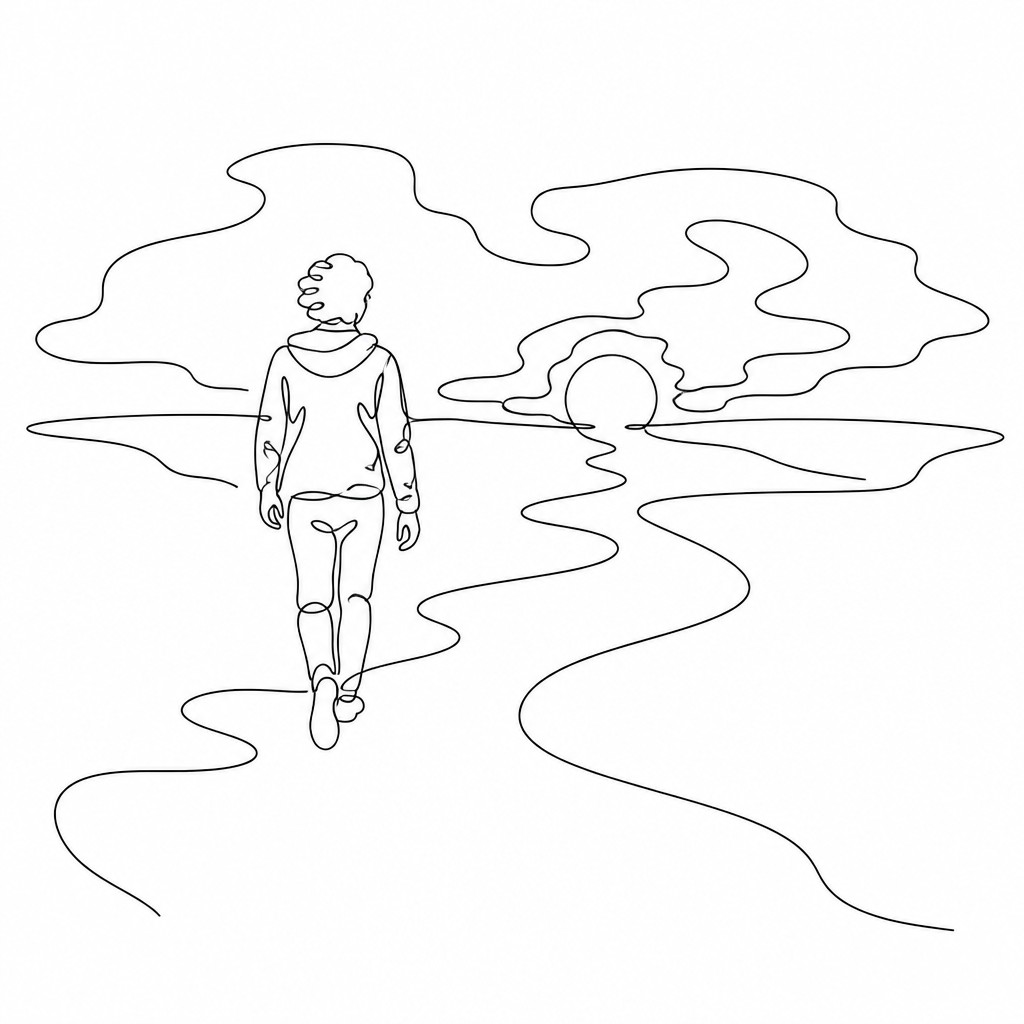 a solitary figure walking toward a glowing horizon across an empty plain, moody atmosphere, no text or lettering — Single Line Minimalism Art Style album cover