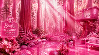 a panoramic redwood forest with light rays through mist, no people — Barbiecore Aesthetic wallpaper