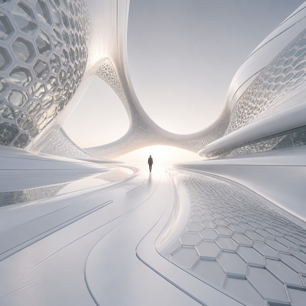 a solitary figure walking toward a glowing horizon across an empty plain, moody atmosphere, no text or lettering — Parametric Architecture album cover