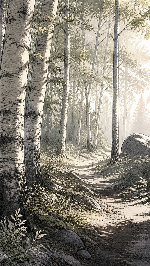 a serene birch forest in soft morning light, no people, no text — Slice of Life Manga Art Style wall art print
