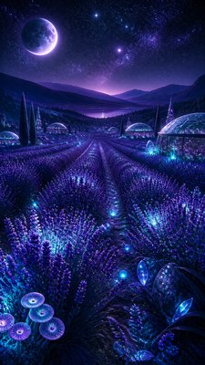 a field of lavender stretching to distant hills at dusk, no people — Lunarpunk Aesthetic wallpaper