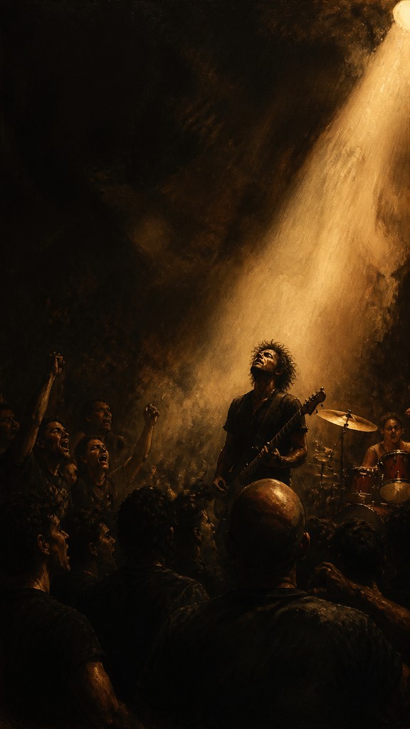 a live music scene with a glowing stage and silhouetted crowd, energetic vertical composition with open space at the top, no text — Caravaggio Realism Baroque Art Style flyer