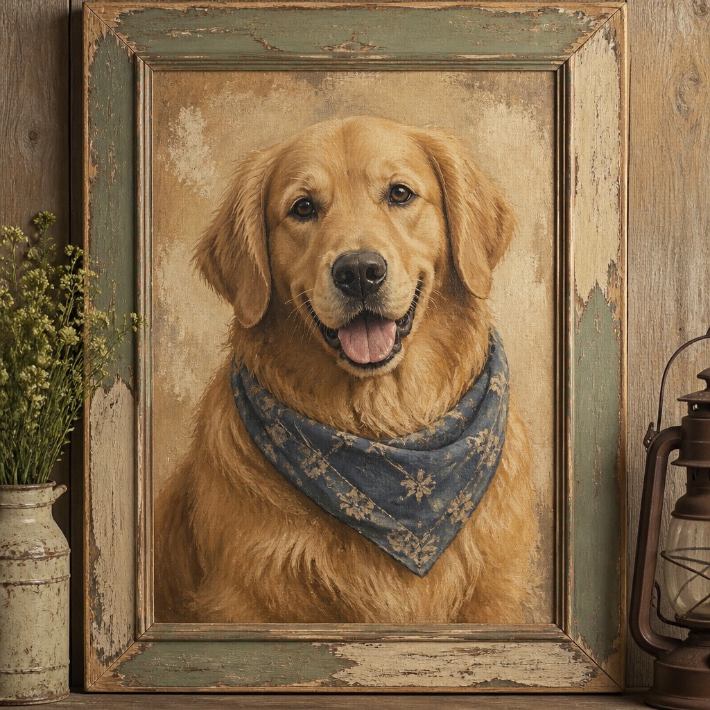 portrait of a golden retriever wearing a blue bandana, warm plain backdrop, no text — Rustic Farmhouse Furniture Art pet portrait