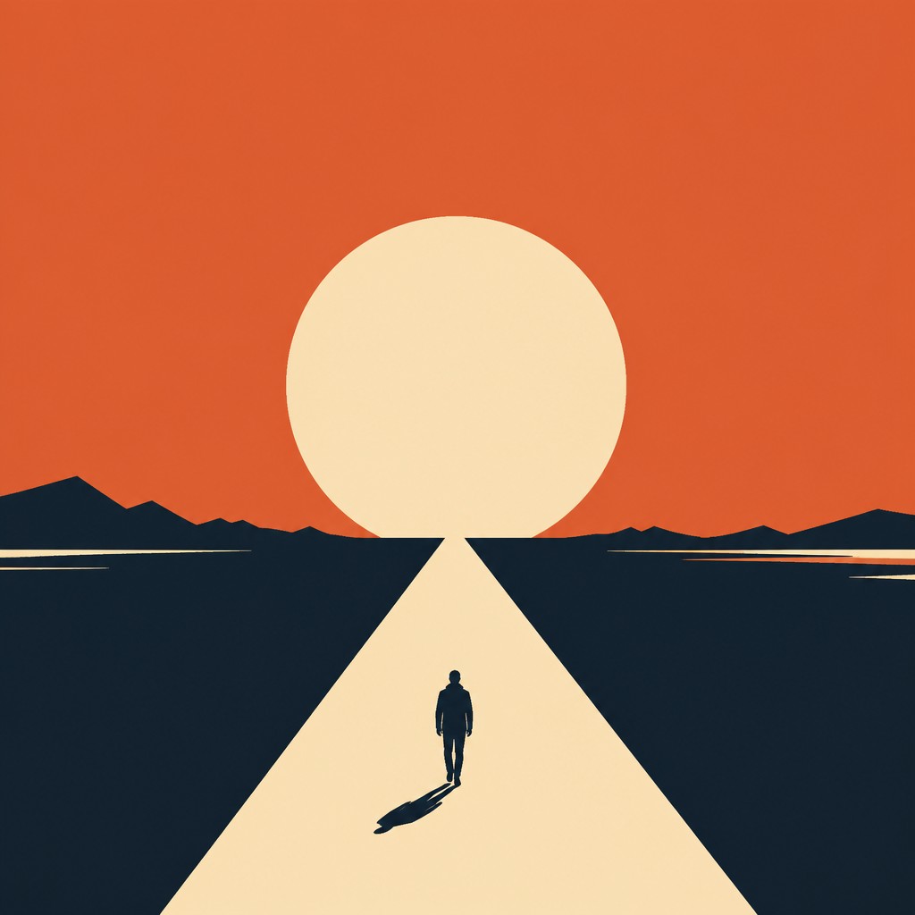 a solitary figure walking toward a glowing horizon across an empty plain, moody atmosphere, no text or lettering — Minimalist Poster Design album cover