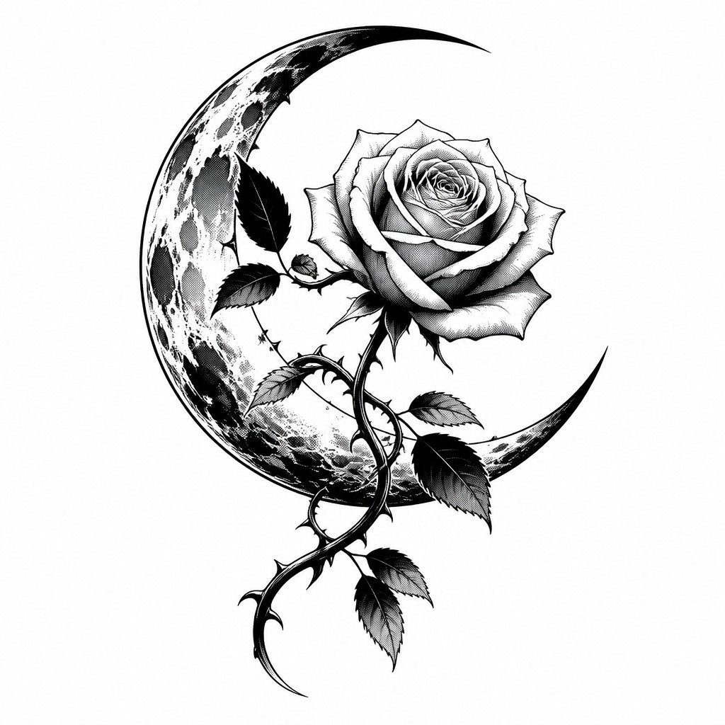 a rose entwined with a crescent moon, clean balanced composition on a plain background, no text — Manga Art Style tattoo design
