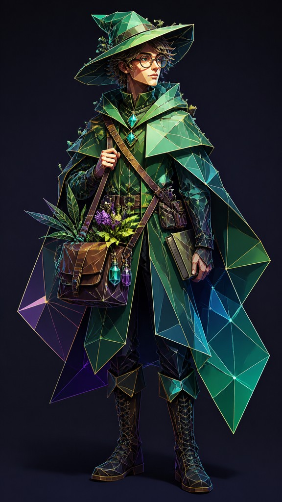 full-body original character: a wandering botanist with a satchel of plants, a patched green cloak, tall boots and round glasses, neutral background — Digital Geometric Art character design