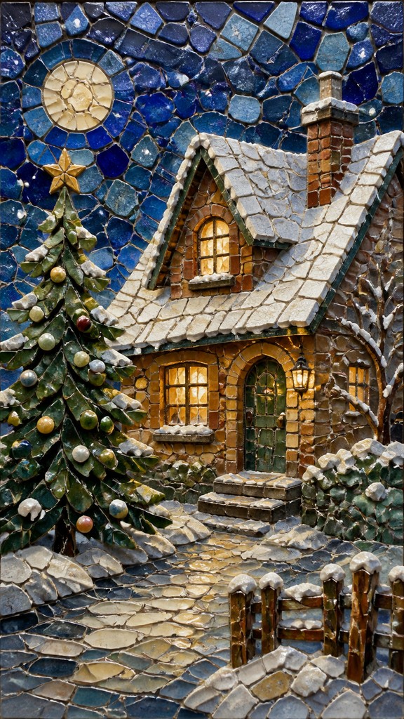 a snow-covered cottage with warm glowing windows beside a decorated pine tree, gentle snowfall, no text — Ceramic Mosaic Art Style Christmas card