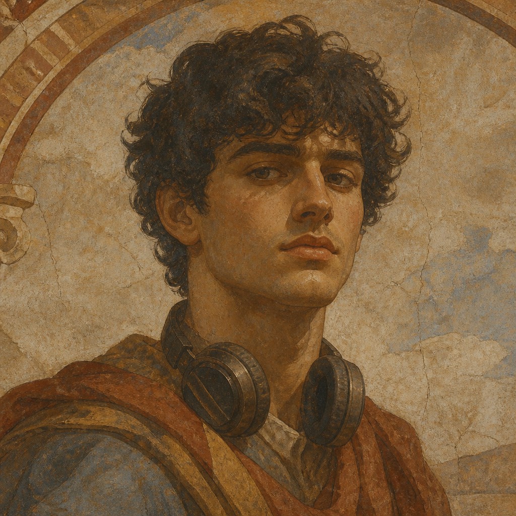 head-and-shoulders portrait of an original character: a young man with curly dark hair and headphones around his neck, plain backdrop, no text — Fresco Narrative Renaissance Art Style Discord profile picture
