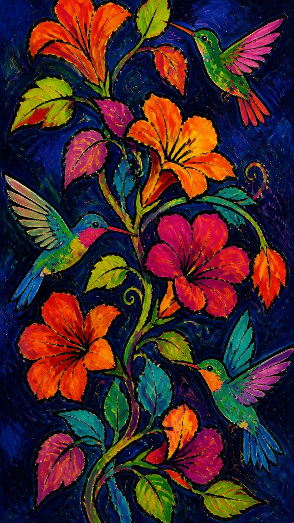 a climbing vine of flowers and hummingbirds on a dark background, tall wrapping composition, no text — Fauvism Art Style phone case design