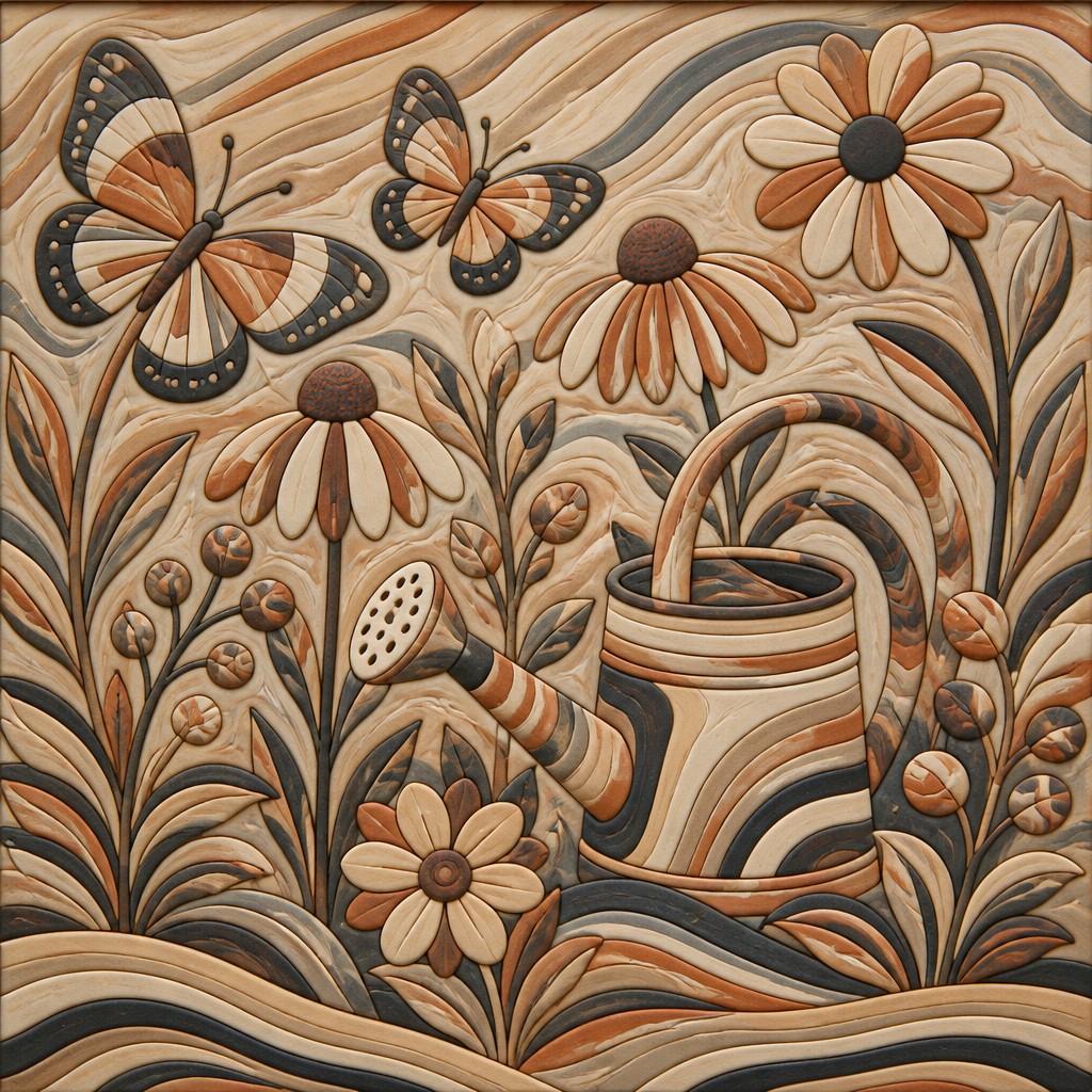 a garden scene with butterflies, flowers and a watering can, clean uncolored line art, no text — Nerikomi Ceramic Art Style coloring page