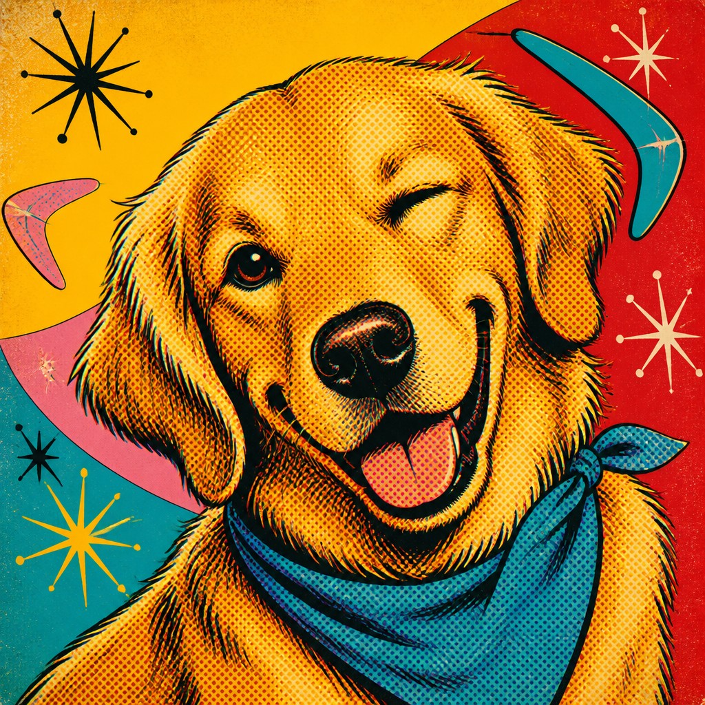 portrait of a golden retriever wearing a blue bandana, warm plain backdrop, no text — Retro Pop Art Style pet portrait