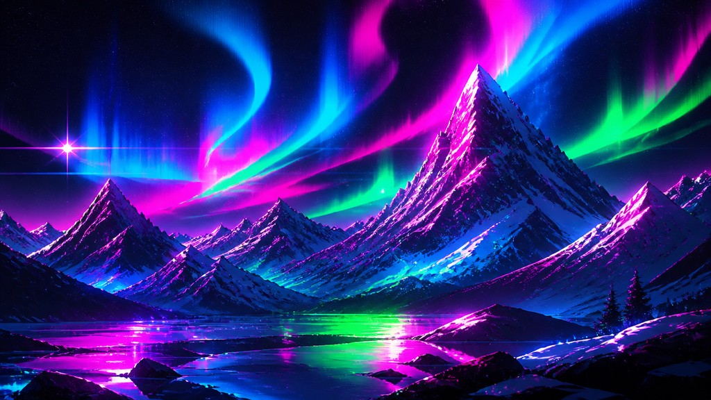 a flowing aurora over snowy peaks, wide sweeping composition, no people, no text — Cyberpunk Neon Anime Art Style banner