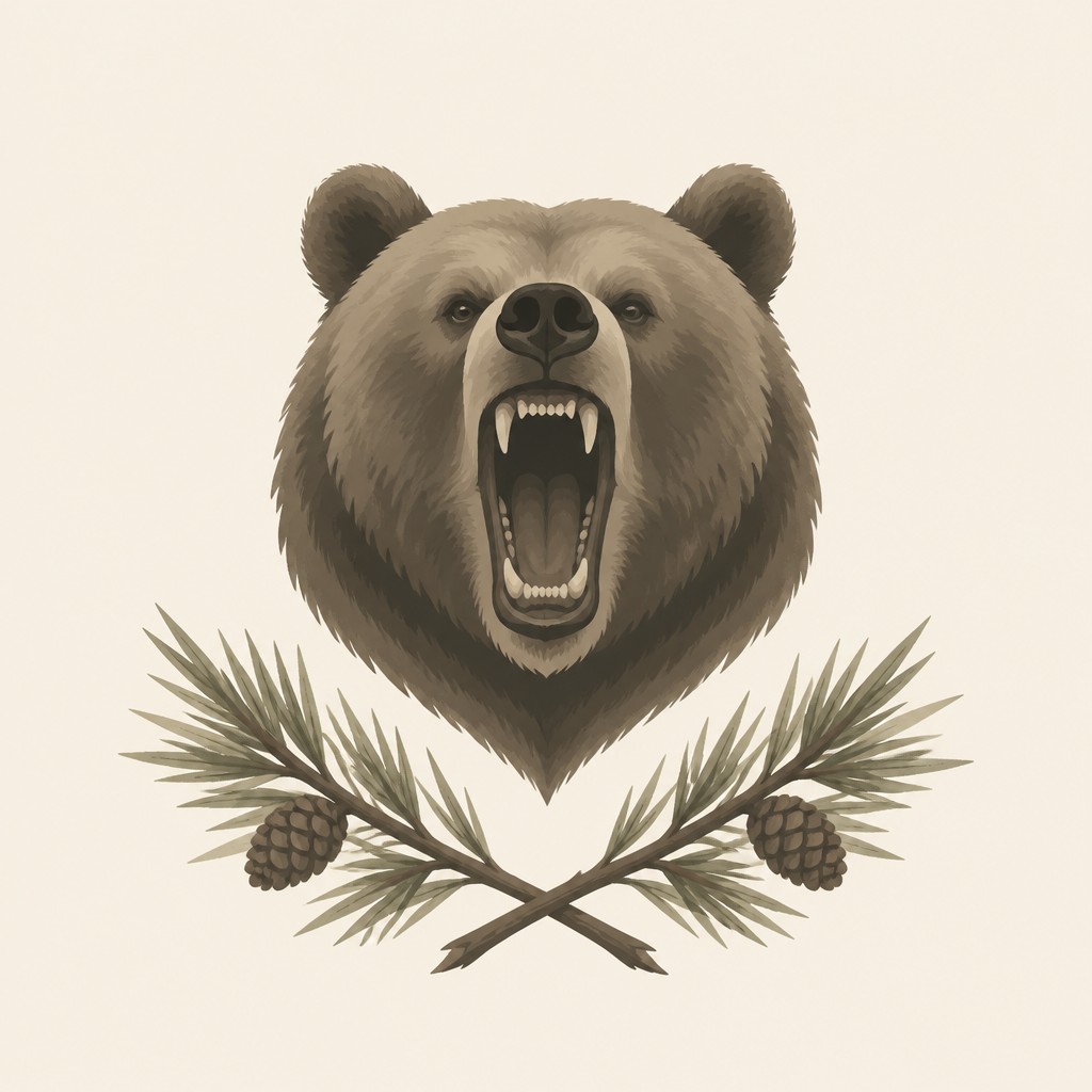 a roaring bear head above crossed pine branches, bold graphic composition on a plain background, no text — Minimalist Nature Art t-shirt design