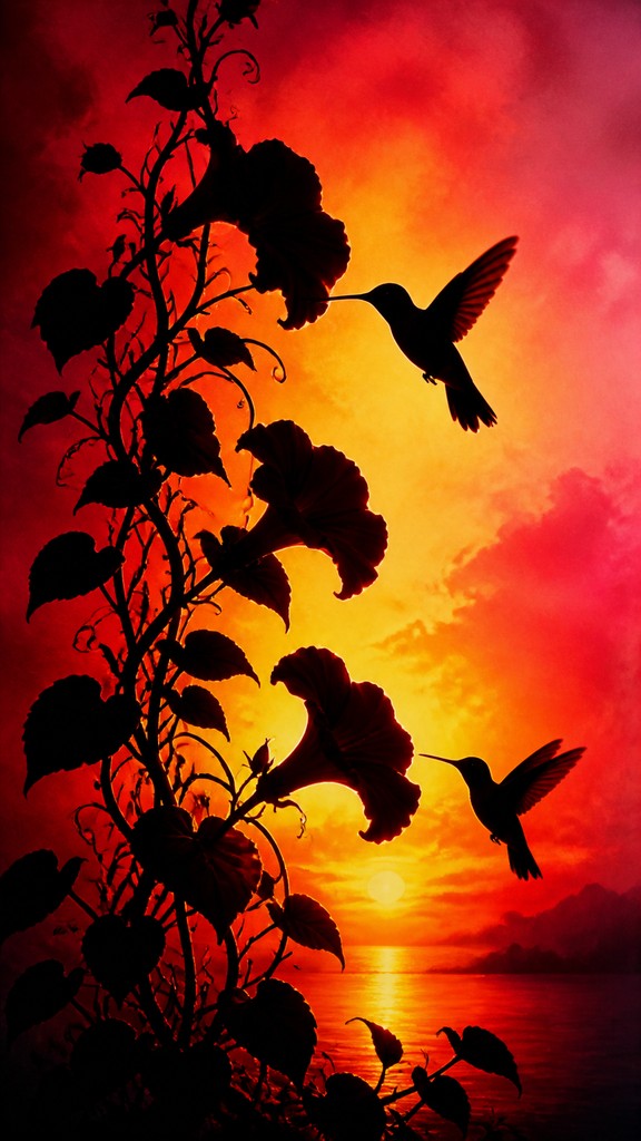 a climbing vine of flowers and hummingbirds on a dark background, tall wrapping composition, no text — Sunset Silhouette Art Style phone case design