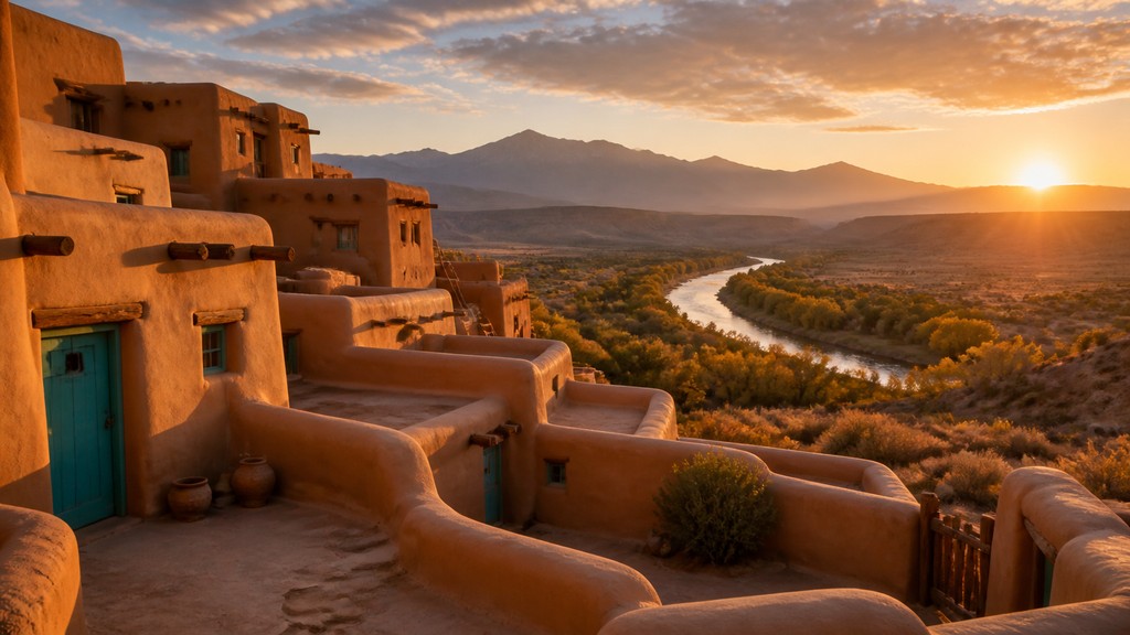 a vast valley with a river winding toward distant mountains at sunrise, no people, no text — Adobe Pueblo Architecture desktop wallpaper