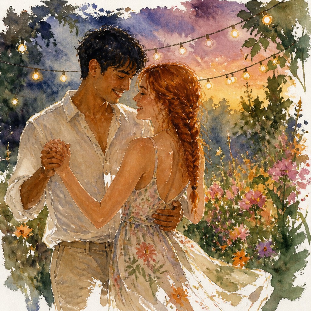 an original couple dancing under string lights in a garden at dusk: a man with short black hair in a linen shirt and a woman with braided red hair in a summer dress — Watercolor Portrait Art Style couple portrait