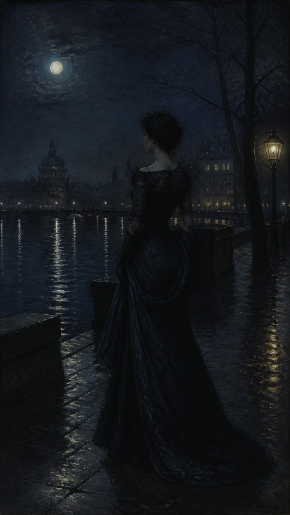 full-length portrait of an elegant figure — Nocturne Painting Style
