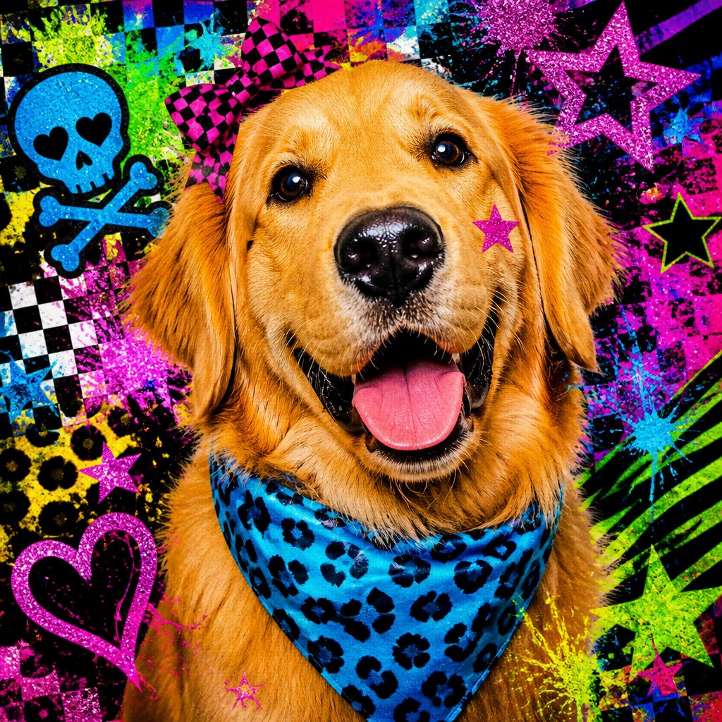 portrait of a golden retriever wearing a blue bandana, warm plain backdrop, no text — Scene Aesthetic pet portrait