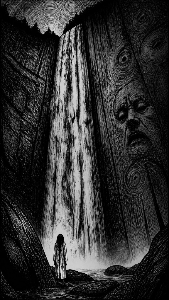 towering waterfall cascading down a cliff — Horror Manga Art Style