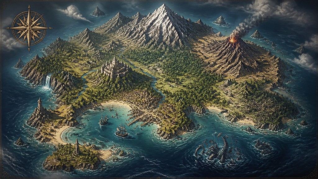 a map of an island realm with mountains, forests, a sheltered bay, sea monsters in the water and a compass rose, no text labels — Semi-Realistic Anime Art Style fantasy map