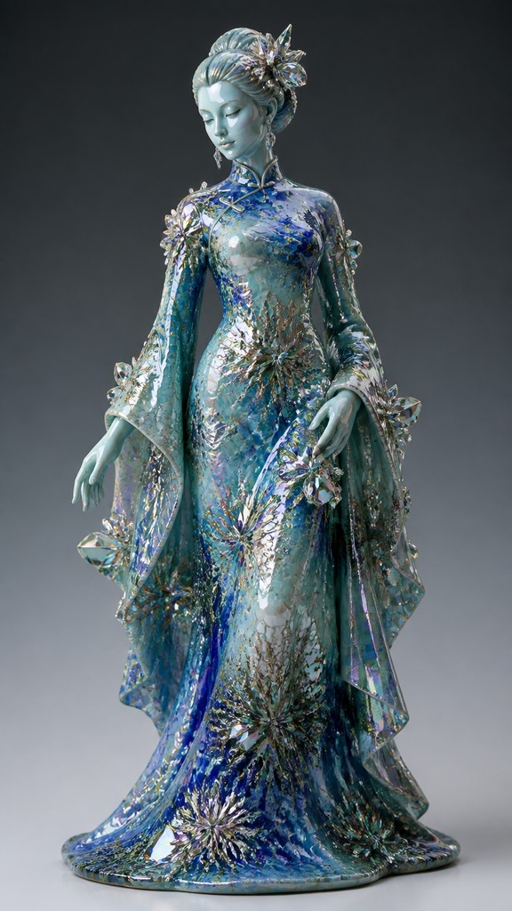 full-length portrait of an elegant figure — Crystalline Glaze Ceramic Art Style