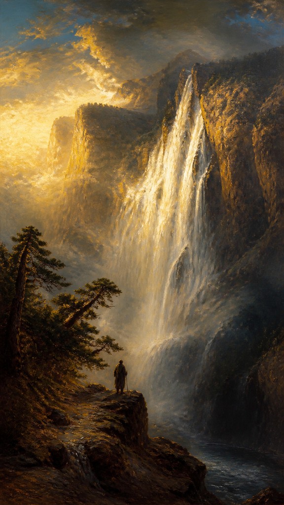 towering waterfall cascading down a cliff — Neo-Romanticism Art Style