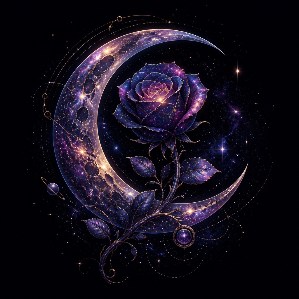a rose entwined with a crescent moon, clean balanced composition on a plain background, no text — Spacecore Aesthetic tattoo design