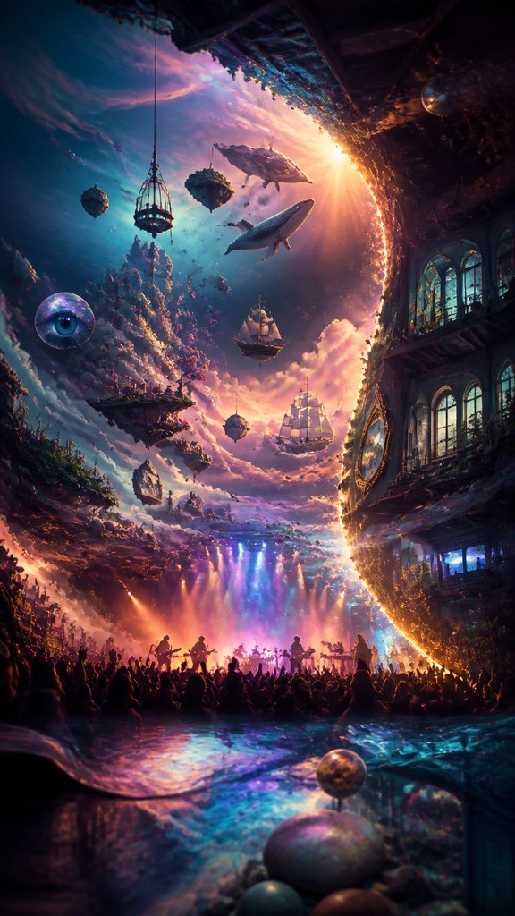 a live music scene with a glowing stage and silhouetted crowd, energetic vertical composition with open space at the top, no text — Surrealist Landscape Art Style flyer