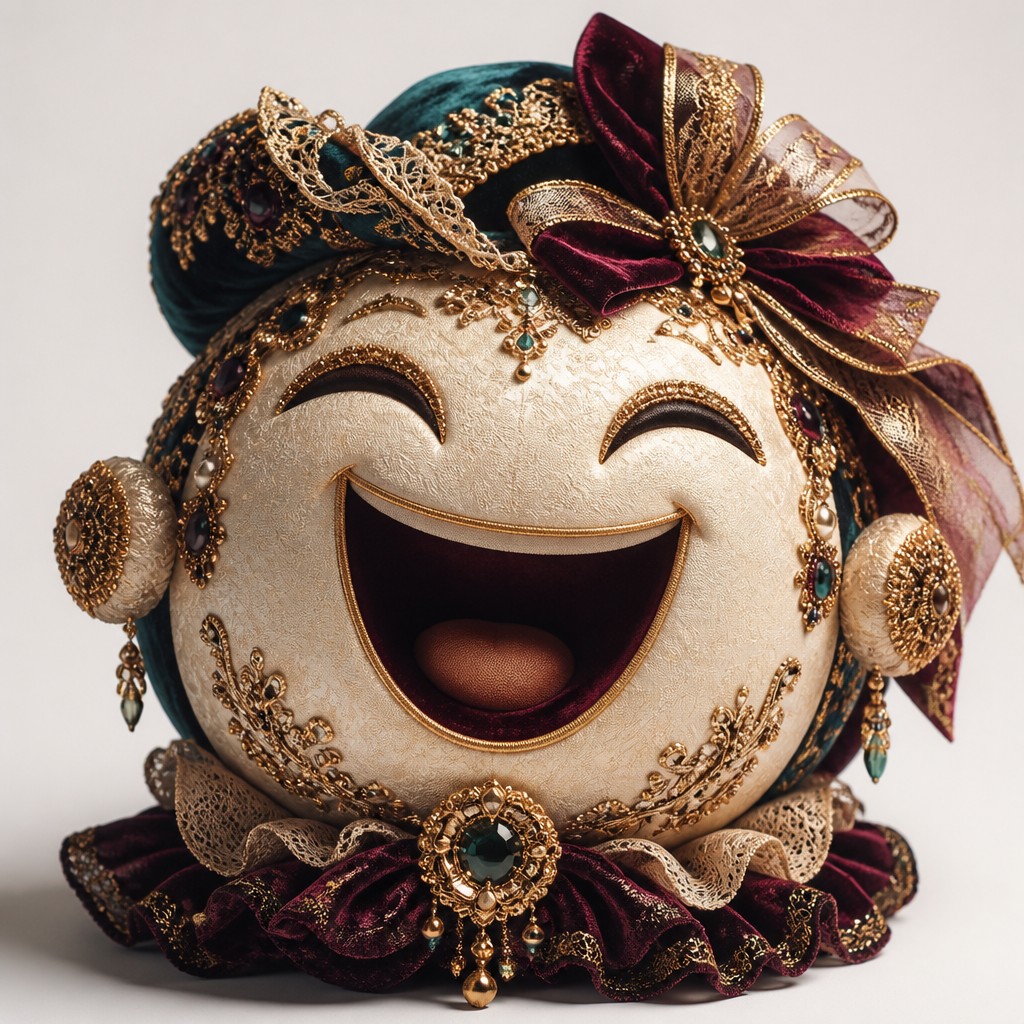 an exaggerated laughing face of an original round mascot character, bold and readable at small size, plain background, no text — Haute Couture Fashion Design Twitch emote