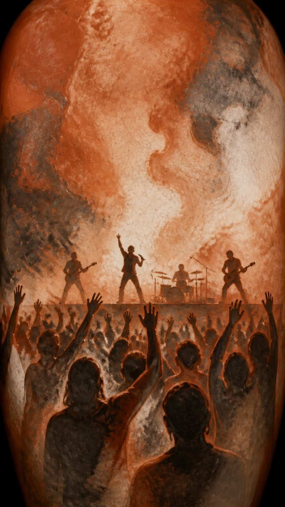 a live music scene with a glowing stage and silhouetted crowd, energetic vertical composition with open space at the top, no text — Terra Sigillata Ceramic Art Style flyer