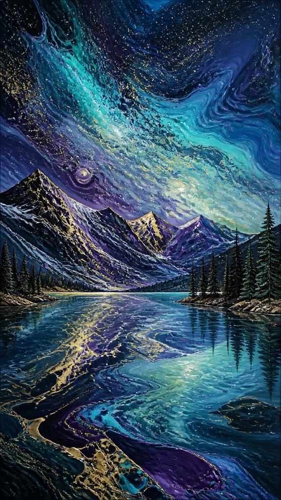 a tranquil mountain lake beneath a starry night sky, no people, no text — Fluid Abstract Art Style phone wallpaper