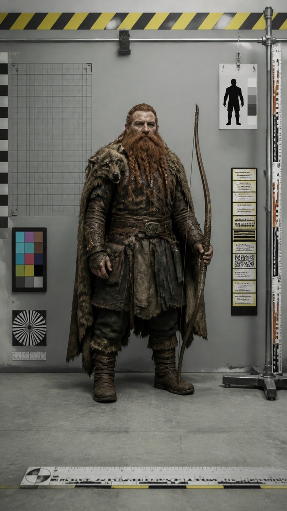 full-body original character: a dwarven ranger with a braided auburn beard, worn leather armor, a longbow and a wolf-pelt cloak, neutral background, no text — Institutional Critique Conceptual Art Style tabletop character portrait