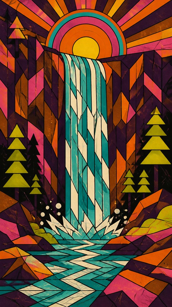 towering waterfall cascading down a cliff — Retro Geometric Art