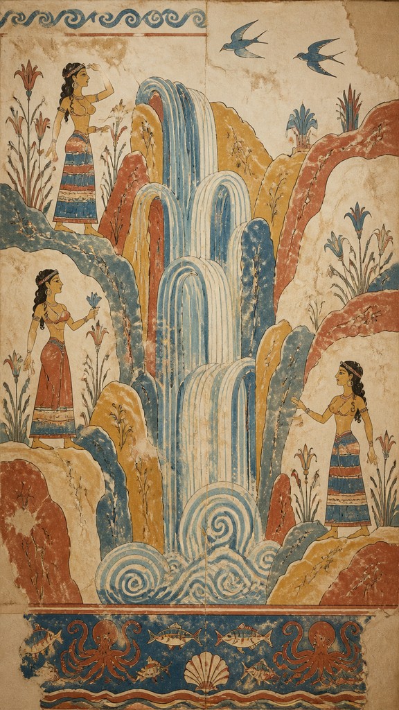 towering waterfall cascading down a cliff — Minoan Fresco Art Style
