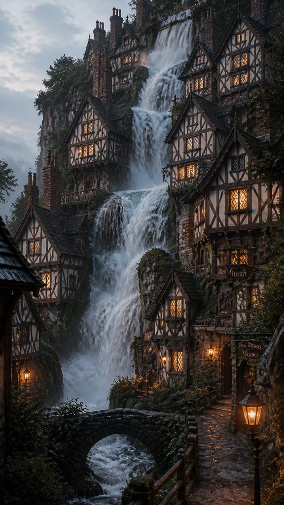 towering waterfall cascading down a cliff — Tudor Architecture Style