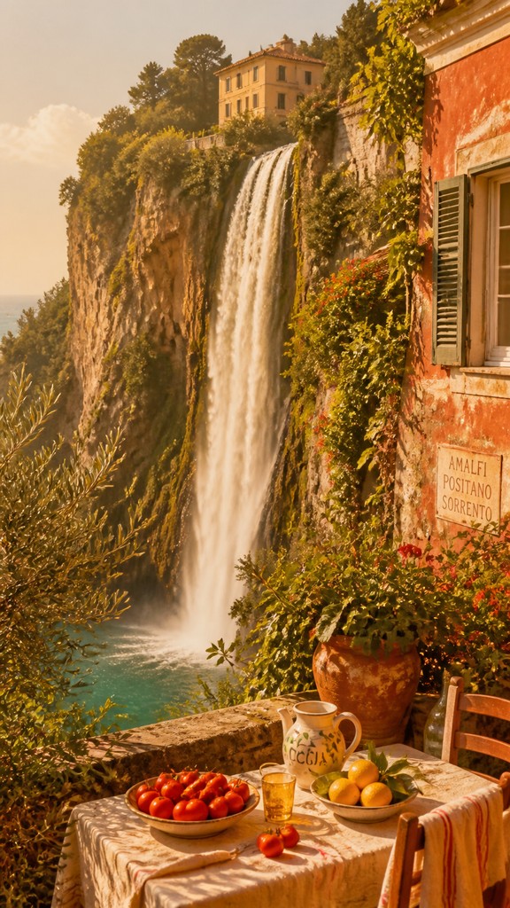 towering waterfall cascading down a cliff — Tomato Girl Aesthetic