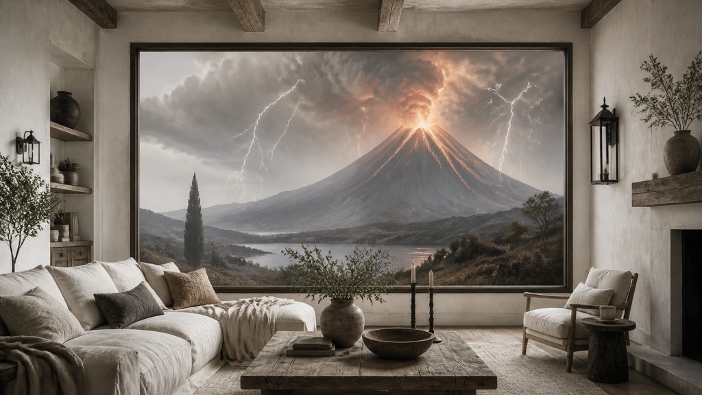 an erupting volcano with lightning strikes, dramatic wide composition, no text — Modern Farmhouse Interior Design YouTube thumbnail
