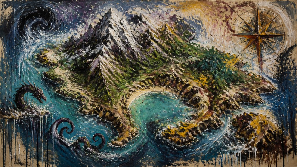 a map of an island realm with mountains, forests, a sheltered bay, sea monsters in the water and a compass rose, no text labels — Abstract Expressionism Art Style fantasy map