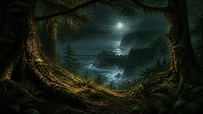 a moonlit coastline with cliffs and crashing surf, no people — Forestcore Aesthetic wallpaper