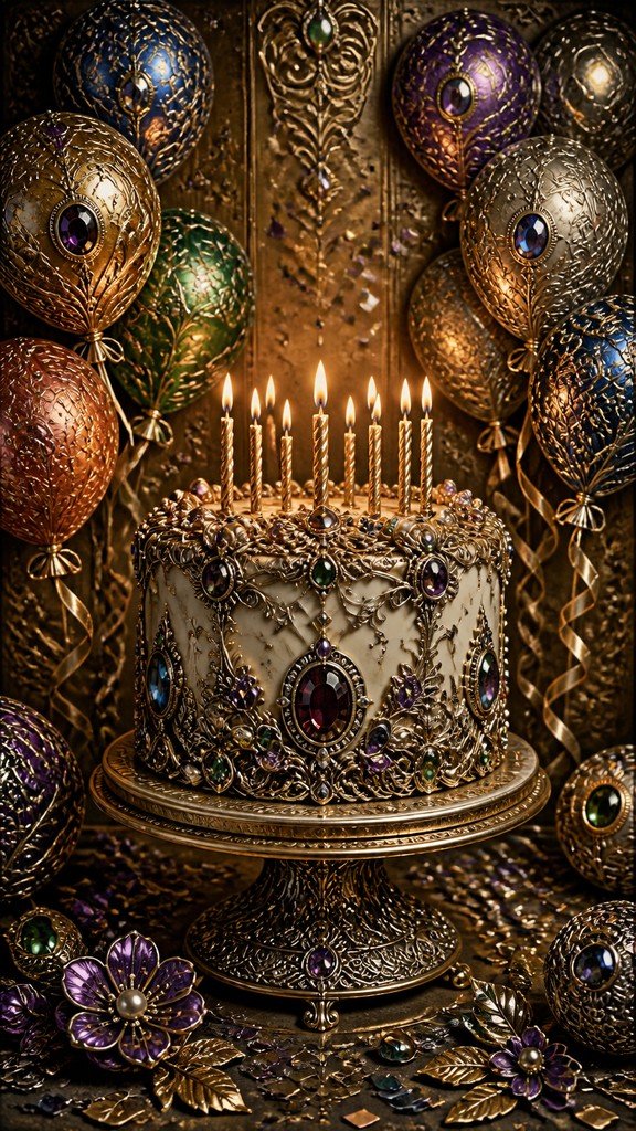 a birthday cake with lit candles surrounded by balloons and confetti, festive vertical composition, no text — Vintage Jewelry Design birthday card