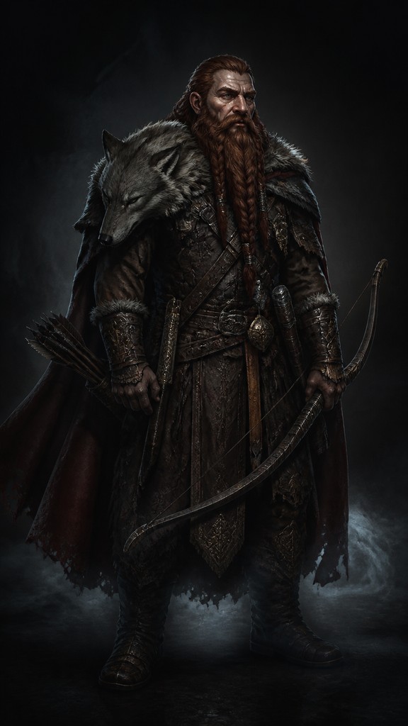 full-body original character: a dwarven ranger with a braided auburn beard, worn leather armor, a longbow and a wolf-pelt cloak, neutral background, no text — Dark Gothic Art tabletop character portrait