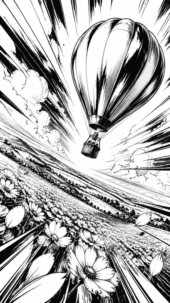 a hot air balloon drifting over rolling flower fields on a sunny day, cheerful, no text — Shonen Battle Manga Art Style greeting card